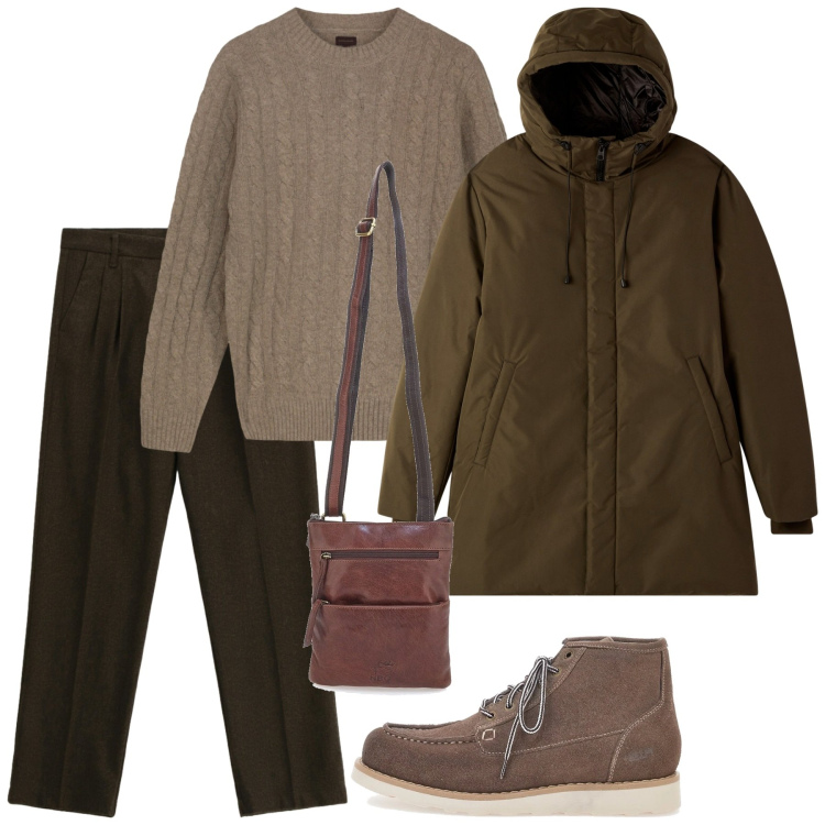 Outfit uomo - Mood nordico. Stile Casual per Tutti i giorni. Abbinamento con parka, pantaloni, stivali e stivaletti, portafogli, maglieria.