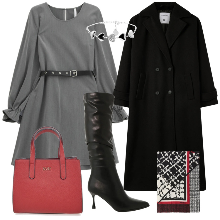 Outfit donna - In Ufficio con Stile. Stile Casual chic per Ufficio. Abbinamento con cappotti, stivali sopra il ginocchio, vestiti corti, braccialetti, sciarpe, borse a tracolla.