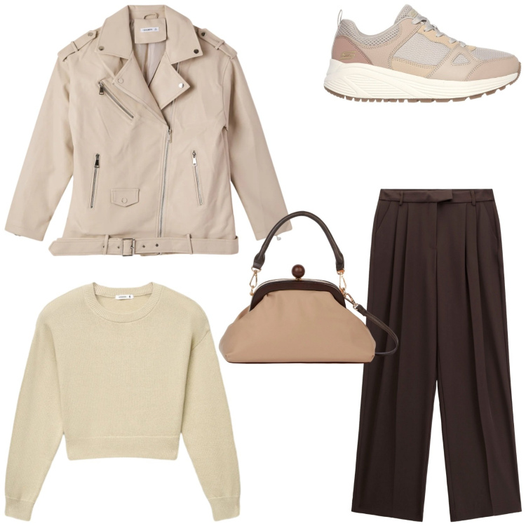 Outfit donna - Perfetta combo crema e marrone. Stile Casual chic per Tutti i giorni. Abbinamento con giacche, maglieria, pantaloni, clutch, sneakers.