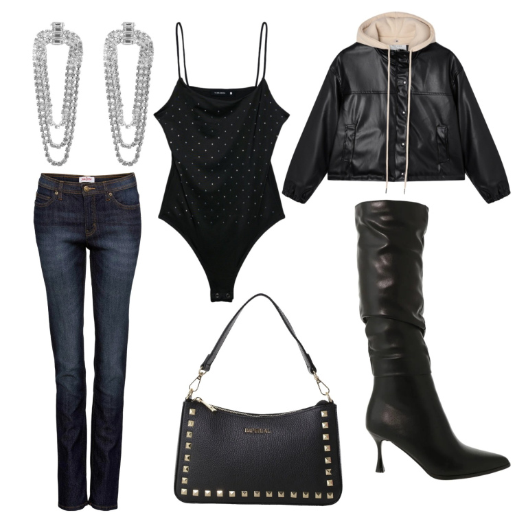 Outfit donna - Total look #2325088. Abbinamento con jeans mom, giacche, orecchini, top, pochette, stivali sopra il ginocchio.