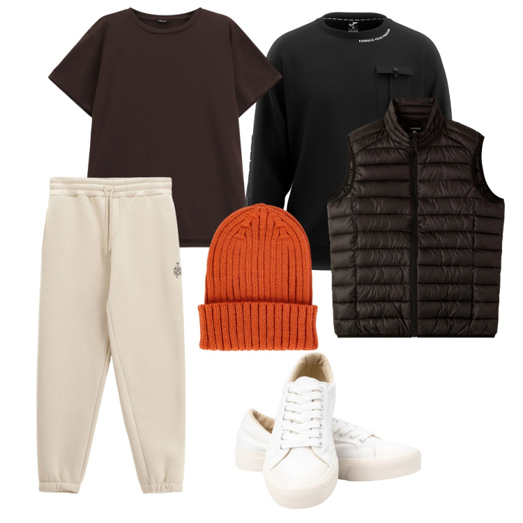 Outfit uomo - Passeggiata. per Sport. Abbinamento con piumini, pantaloni, t-shirt, sneakers, berretti, felpe.