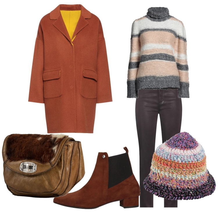 Outfit donna - Total look #2325093. Stile Minimal per Tutti i giorni. Abbinamento con cappelli, maglieria, cappotti, jeans, stivaletti chelsea, marsupi.