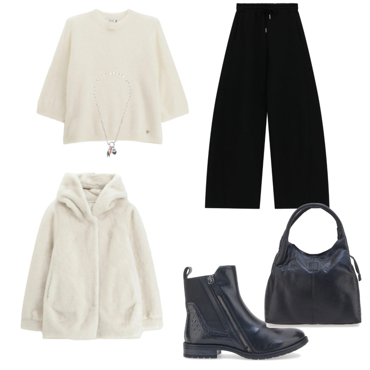 Outfit donna - Black and white. Stile Urban Abbinamento con pullovers, ecopellicce, pantaloni a palazzo, ciondoli, stivaletti chelsea, borse a mano.