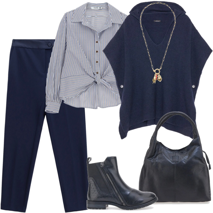 Outfit donna - A primavera. Stile Casual per Ufficio. Abbinamento con camicie, pantaloni, ciondoli, maglieria, stivaletti chelsea, borse a mano.