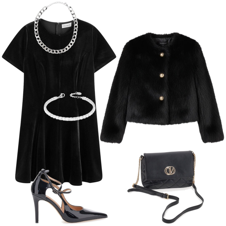 Outfit donna - A teatro. Stile Glamour per Serata fuori. Abbinamento con vestiti corti, collane, braccialetti, ecopellicce, décolleté, borse a mano.