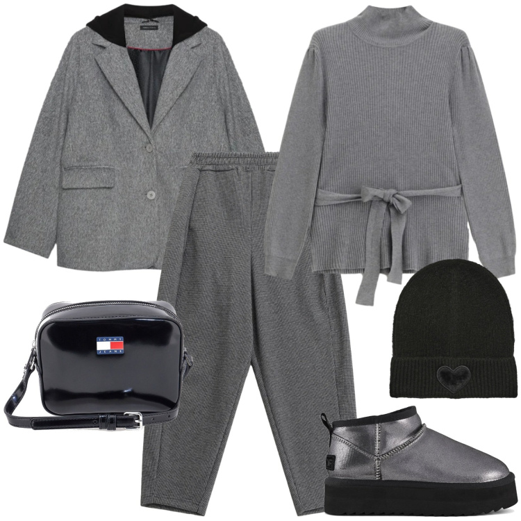 Outfit donna - Grey. Stile Sporty chic per Scuola/Università. Abbinamento con berretti, maglieria, pantaloni, stivaletti, borse a tracolla, cappotti.