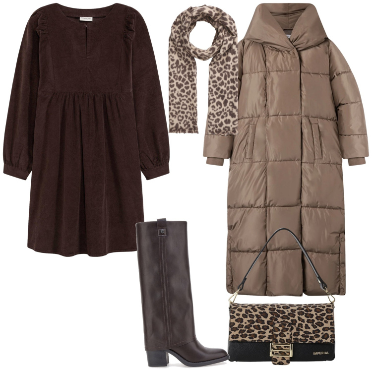 Outfit donna - Un tocco animalier. Stile Glamour per Tutti i giorni. Abbinamento con vestiti, cappotti, sciarpe, borse a spalla, stivali sopra il ginocchio.