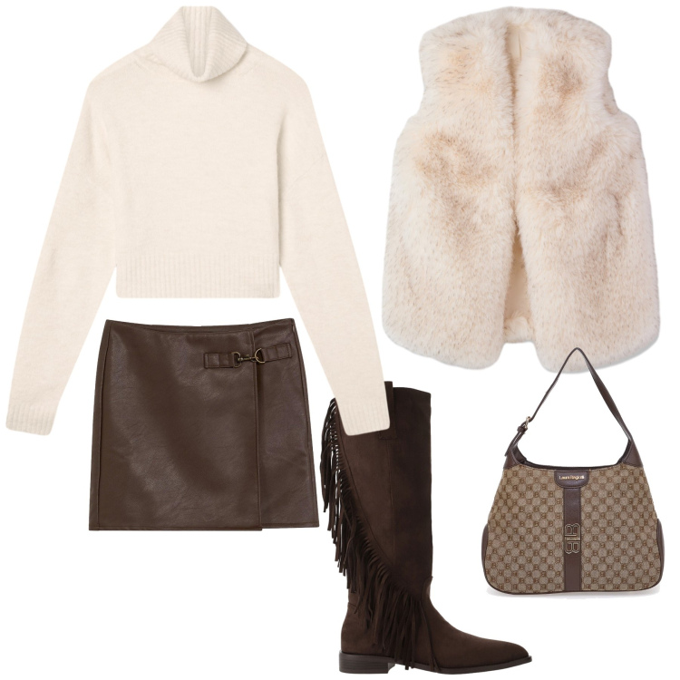 Outfit donna - Total look #2325102. Stile Vintage retrò per Tutti i giorni. Abbinamento con gonne, maglieria, piumini, stivali sopra il ginocchio, borse a spalla.