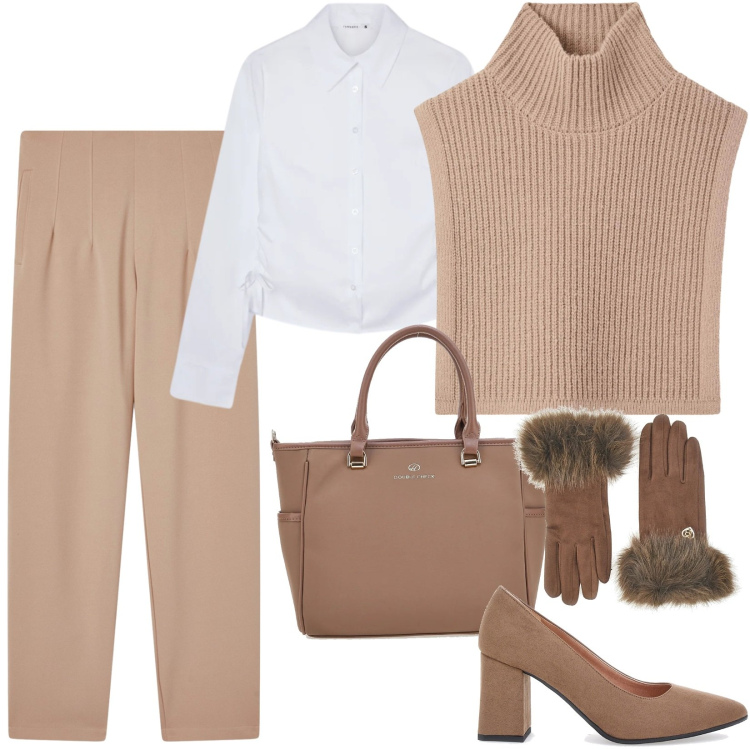 Outfit donna - Una tonalità chic e versatile. Stile Casual chic per Ufficio. Abbinamento con cappotti, pantaloni chino, camicie, décolleté, borse a tracolla, guanti.