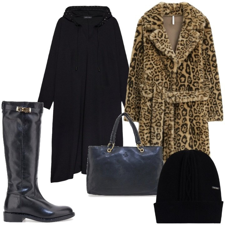 Outfit donna - Passeggiata in città con stivali. Stile Minimal per Tutti i giorni. Abbinamento con cappotti, berretti, vestiti lunghi, stivali, borse a mano.