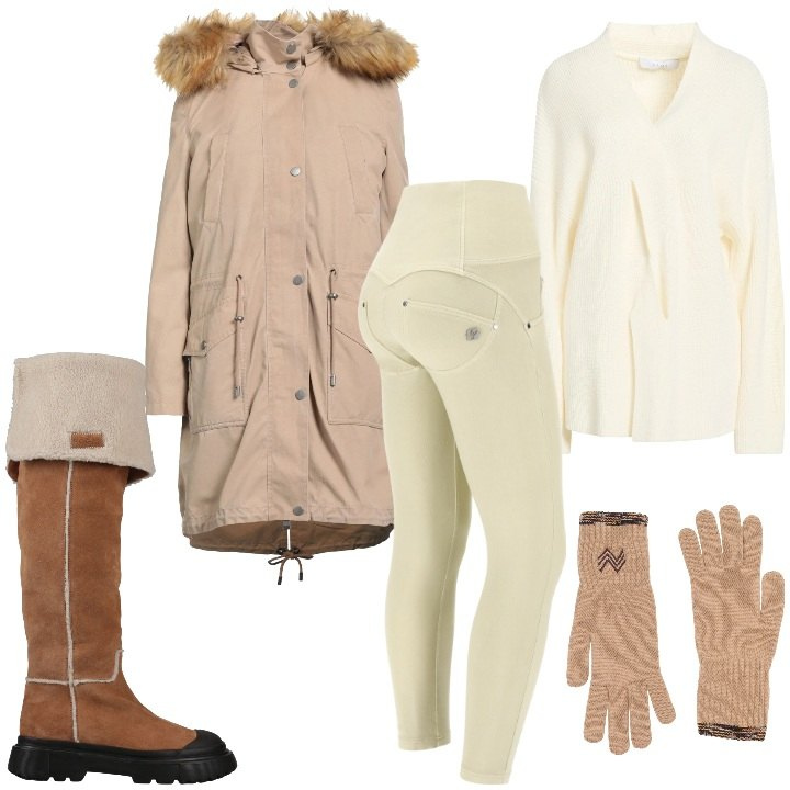 Outfit donna - Passeggiata in città con stivali. Stile Sporty chic per Tutti i giorni. Abbinamento con guanti, pullovers, parka, stivali da neve, pantaloni skinny.