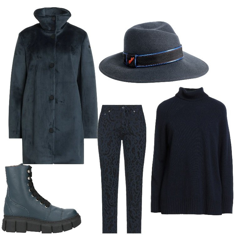 Outfit donna - Blue mannish. Stile Mannish per Serata fuori. Abbinamento con stivaletti, cappotti, maglieria, pantaloni, cappelli.