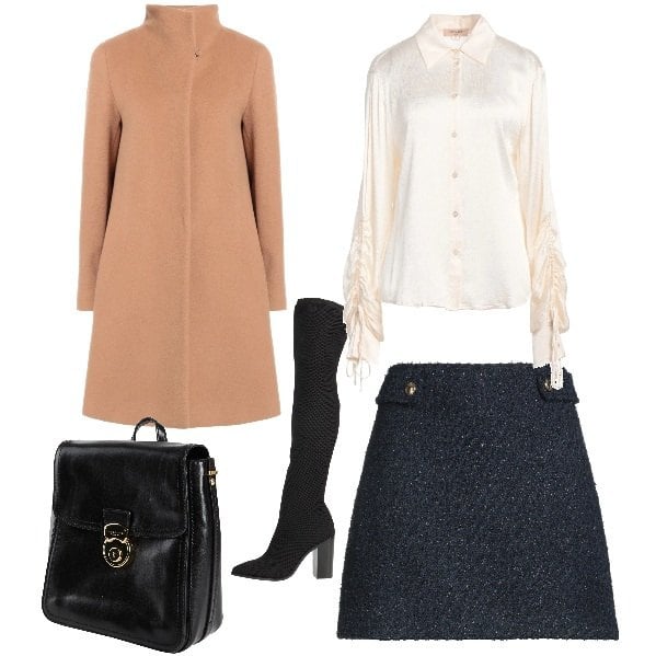 Outfit donna - Total look #2325129. Stile Chic per Serata fuori. Abbinamento con camicie, cappotti, stivali sopra il ginocchio, zaini, minigonne.