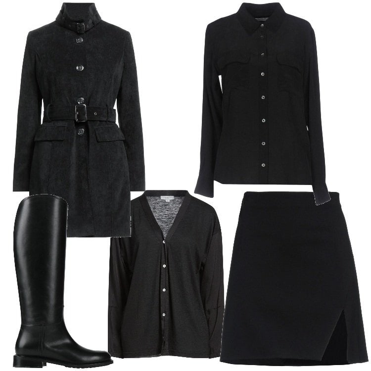 Outfit donna - Nero su nero. Stile Casual chic per Ufficio. Abbinamento con cappotti, cardigans, minigonne, stivali, camicie.