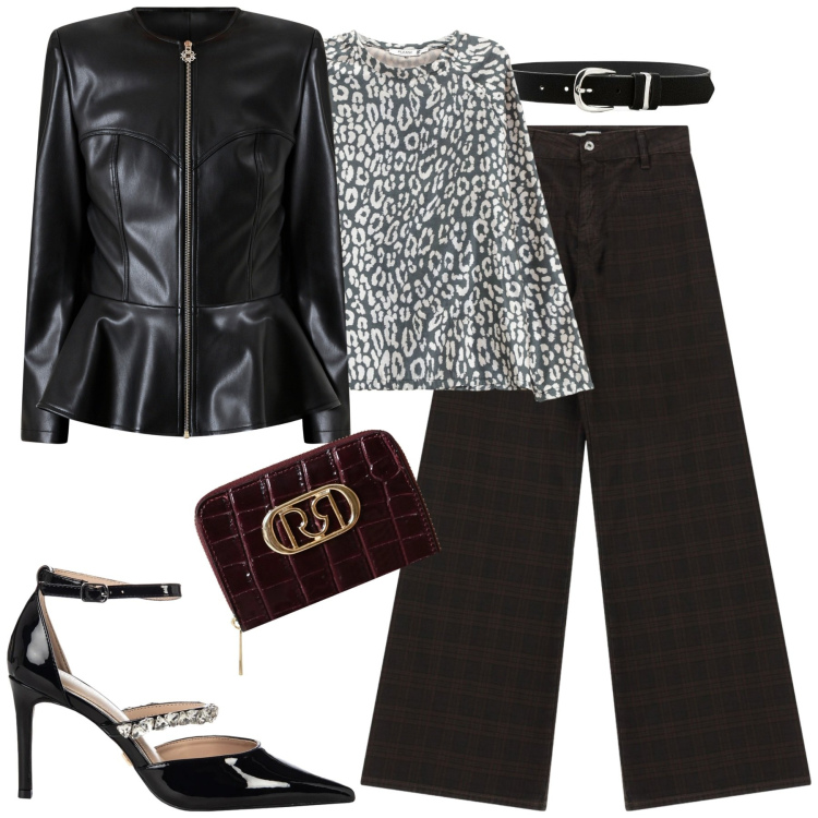 Outfit donna - Serata. Stile Chic per Serata fuori. Abbinamento con cinture, pantaloni a palazzo, maglieria, giacche, portafogli, décolleté.