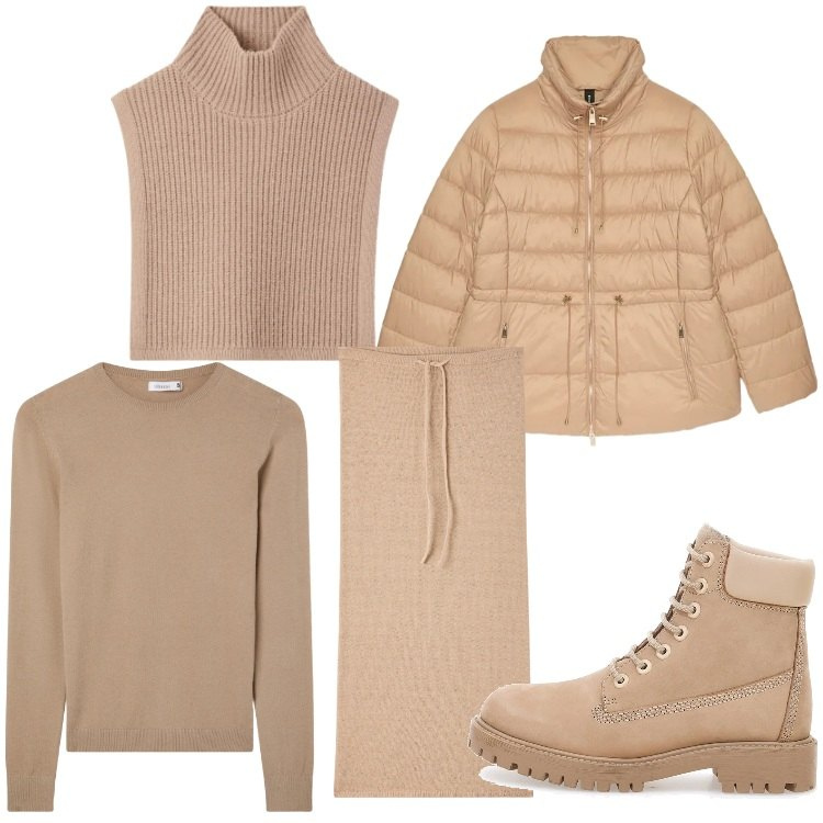 Outfit donna - Bella in inverno. Stile Casual chic per Tutti i giorni. Abbinamento con gonne lunghe, cappotti, maglieria, stivaletti, piumini.