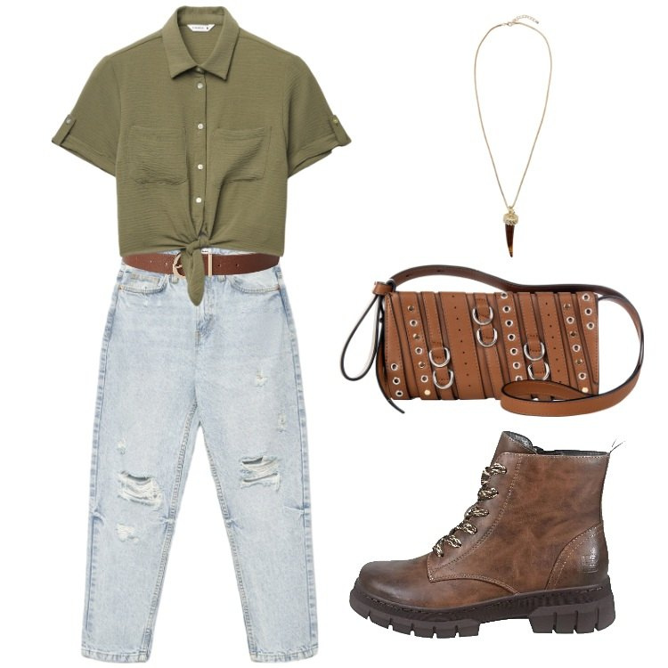 Outfit donna - Quando vuoi Comodità & Carattere. Stile Boho per Tutti i giorni. Abbinamento con cinture, jeans mom, camicie a manica corta, collane, borse a spalla, anfibi.