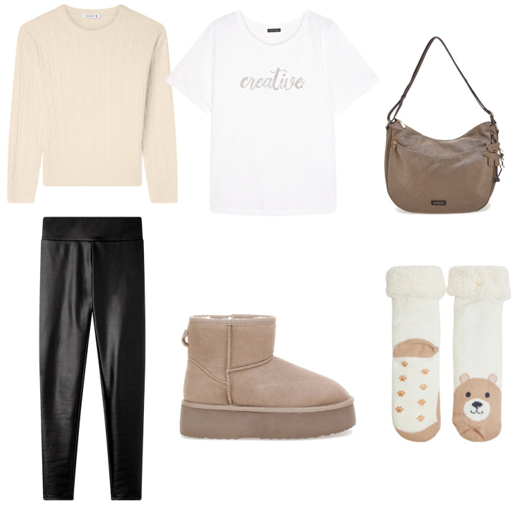 Outfit donna - Winter Warmth & Chill. Stile Casual chic per Tutti i giorni. Abbinamento con leggings, calzini, maglieria, t-shirt, sabot, borse a spalla.