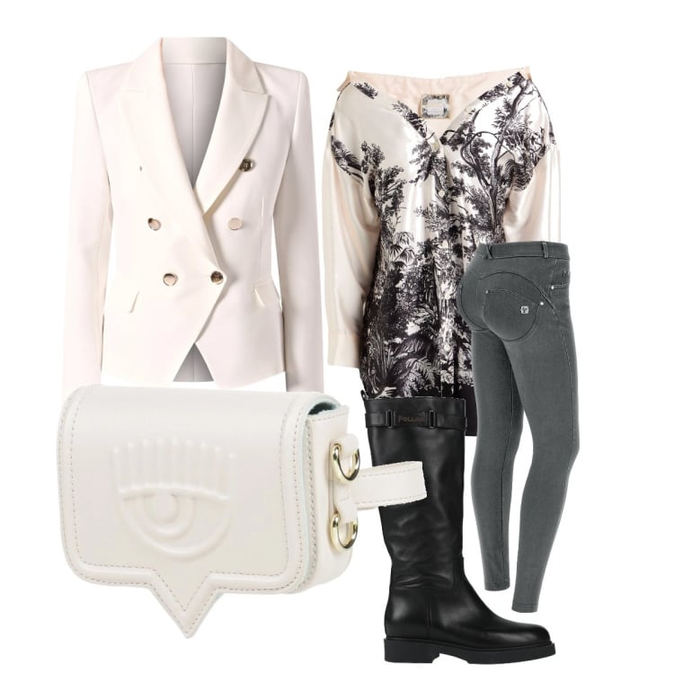 Outfit donna - Quasi completamente candida. Stile Preppy per Ufficio. Abbinamento con camicie, marsupi, stivali, jeans skinny, blazer.
