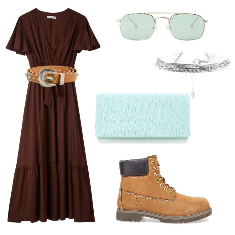 Outfit donna - Non passi inosservata. Stile Boho per Tutti i giorni. Abbinamento con cinture, vestiti lunghi, occhiali da sole, braccialetti, pochette, anfibi.