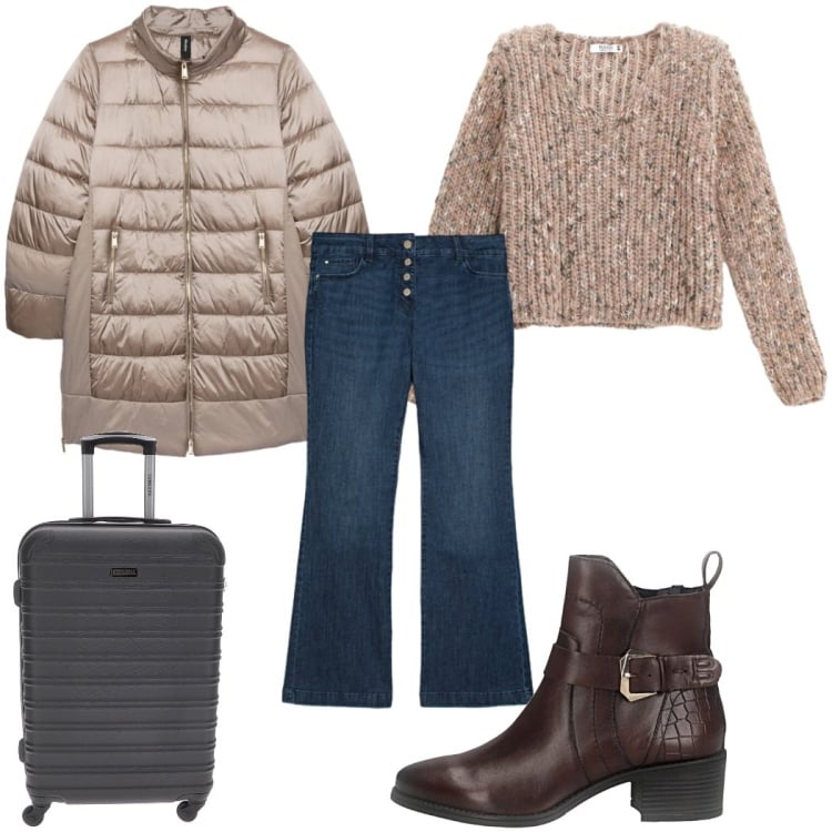 Outfit donna - Total look #2325157. Stile Trendy per Tutti i giorni. Abbinamento con maglieria, piumini, jeans, stivaletti, valigie.