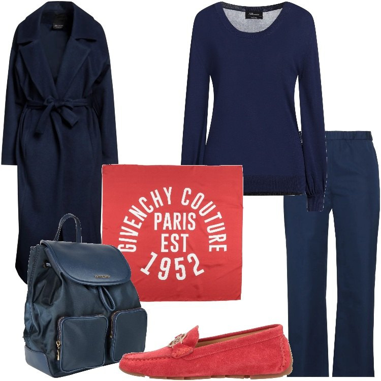 Outfit donna - Blu e tocchi di rosso. Stile Casual chic per Tutti i giorni. Abbinamento con sciarpe, zaini, pantaloni, mocassini, cappotti, pullovers.