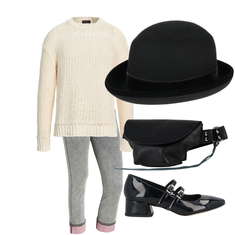 Outfit donna - Basic con accessori trendy. Stile Basic per Scuola/Università. Abbinamento con marsupi, pullovers, décolleté, cappelli, jeans dritti.