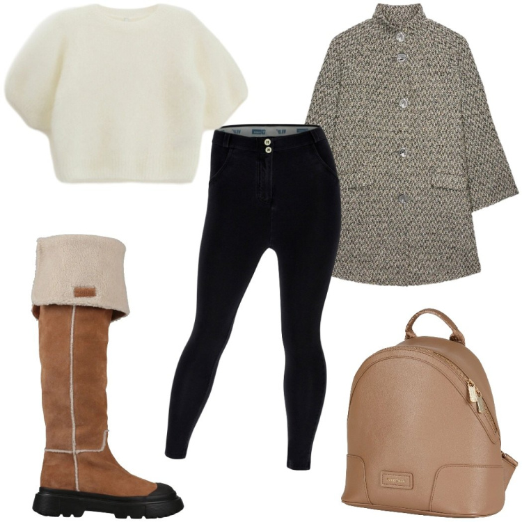 Outfit donna - Total look #2325163. Stile Casual per Tutti i giorni. Abbinamento con zaini, stivali da neve, t-shirt, jeggings, cappotti.