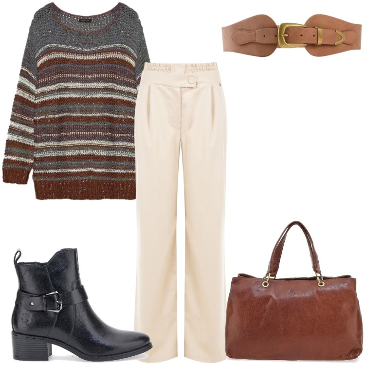 Outfit donna - Total look #2325164. Stile 70s per Tutti i giorni. Abbinamento con cinture, pantaloni a palazzo, stivali sopra il ginocchio, maglieria, borse a tracolla.
