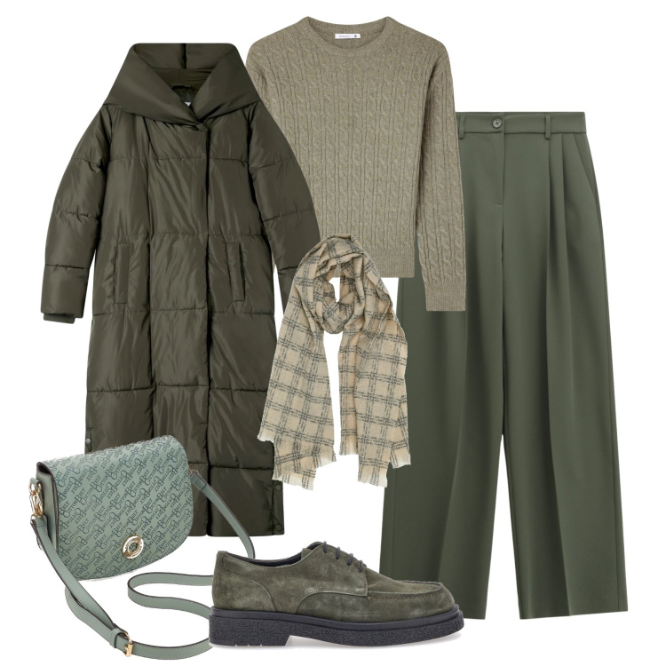 Outfit donna - Sfumature di verde. Stile Casual chic per Ufficio. Abbinamento con maglieria, cappotti, pantaloni a palazzo, scarpe stringate, sciarpe, borse a tracolla.