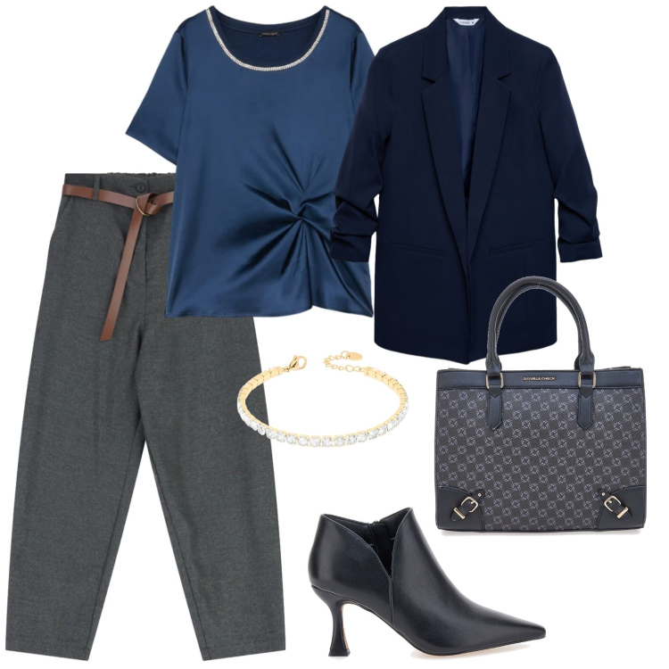 Outfit donna - In riunione. per Ufficio. Abbinamento con blazer, pantaloni, braccialetti, bluse, borse a tracolla, stivaletti.