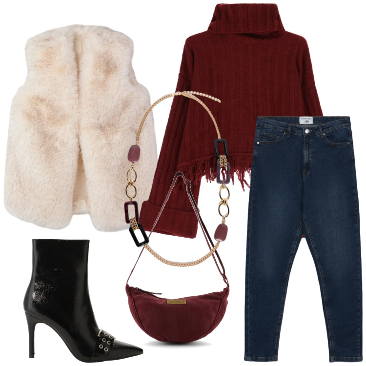 Outfit donna - Total look #2325169. Stile Glamour per Ufficio. Abbinamento con jeans skinny, piumini, maglieria, stivaletti, collane, borse a tracolla.