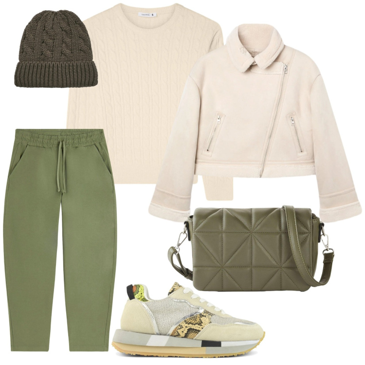 Outfit donna - Spoetiva. per Tutti i giorni. Abbinamento con borse a tracolla, giacche, berretti, maglieria, pantaloni, sneakers.
