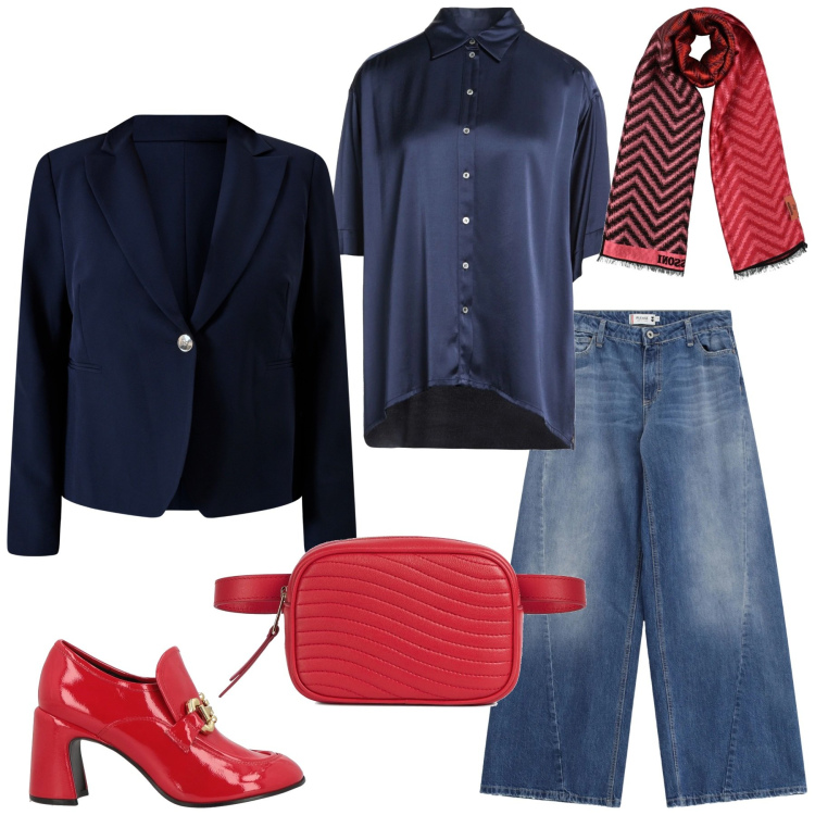 Outfit donna - Total look #2325178. Stile Trendy per Ufficio. Abbinamento con marsupi, camicie a manica corta, mocassini, sciarpe, jeans, blazer.