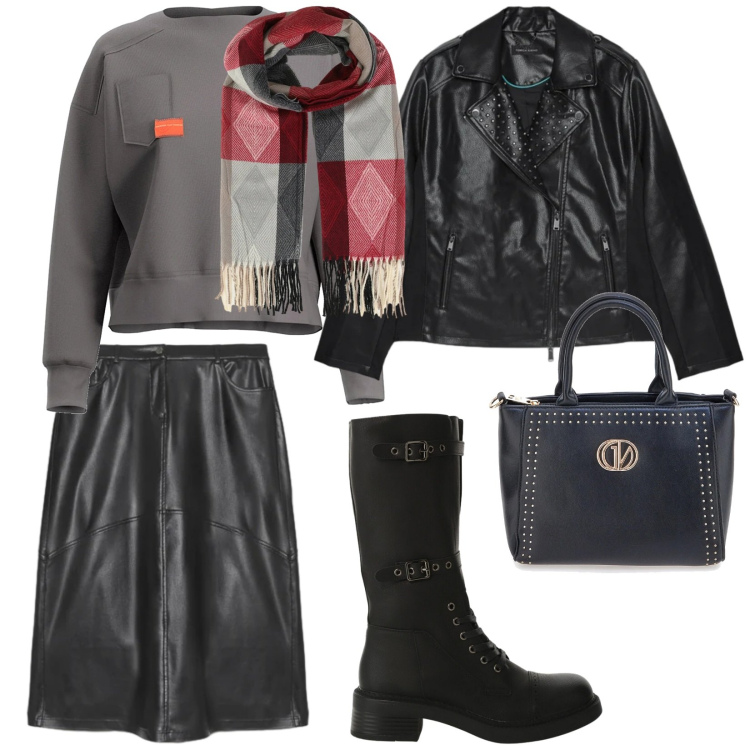 Outfit donna - Per negozi. per Tutti i giorni. Abbinamento con sciarpe, stivali, giacche, gonne lunghe, felpe, borse a mano.