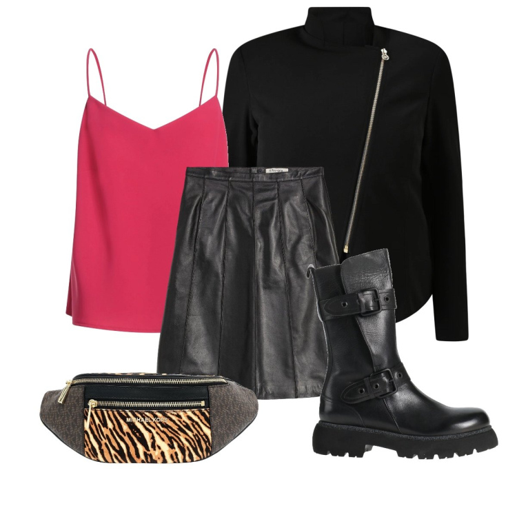 Outfit donna - Punk curvy. Stile Rock per Serata fuori. Abbinamento con gonne, marsupi, stivaletti, top, blazer.