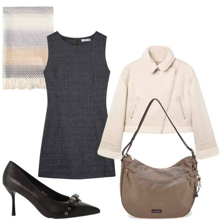 Outfit donna - Eleganza giornaliera. Stile Bon Ton per Ufficio. Abbinamento con vestiti senza maniche, giacche, décolleté, borse a spalla, sciarpe.