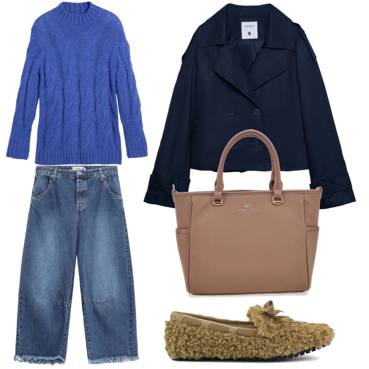 Outfit donna - Mocassini sabbia. Stile Glamour per Tutti i giorni. Abbinamento con maglieria, caban, jeans, mocassini, borse a tracolla.