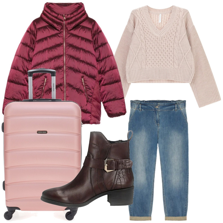 Outfit donna - Il piumino rosa scuro. Stile Casual per Tutti i giorni. Abbinamento con maglieria, piumini, jeans, stivaletti, valigie.