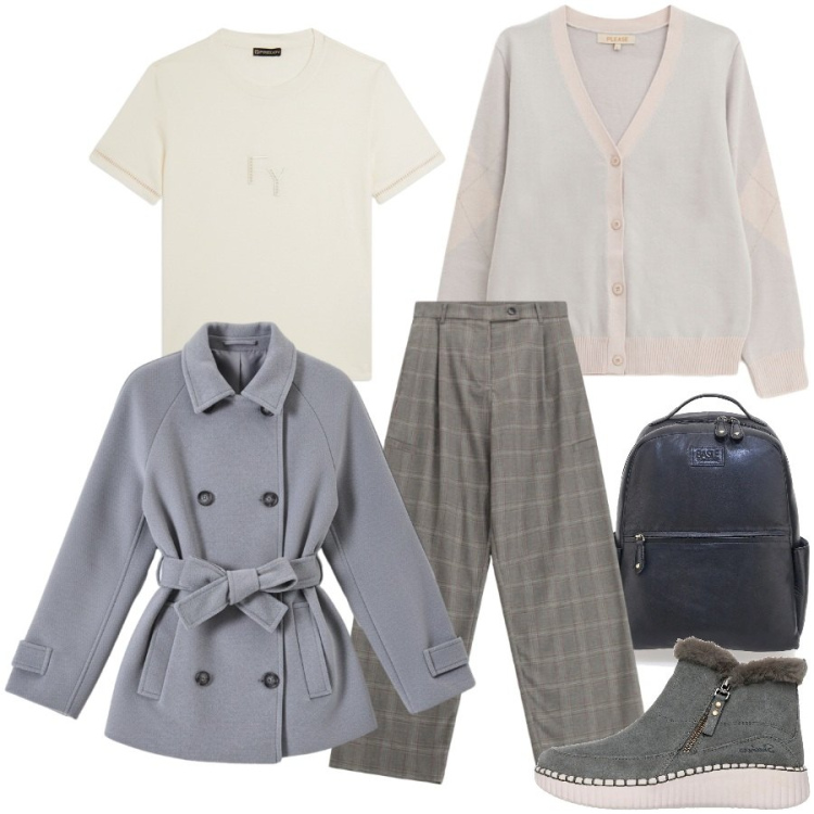 Outfit donna - Total look #2325198. Stile Urban per Tutti i giorni. Abbinamento con cardigans, pantaloni a palazzo, t-shirt, caban, zaini, stivaletti.