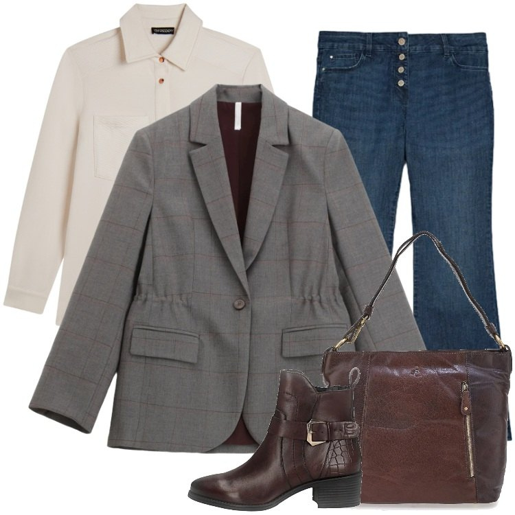 Outfit donna - Total look #2325200. Stile Casual per Tutti i giorni. Abbinamento con blazer, camicie, stivaletti, jeans, borse a spalla.