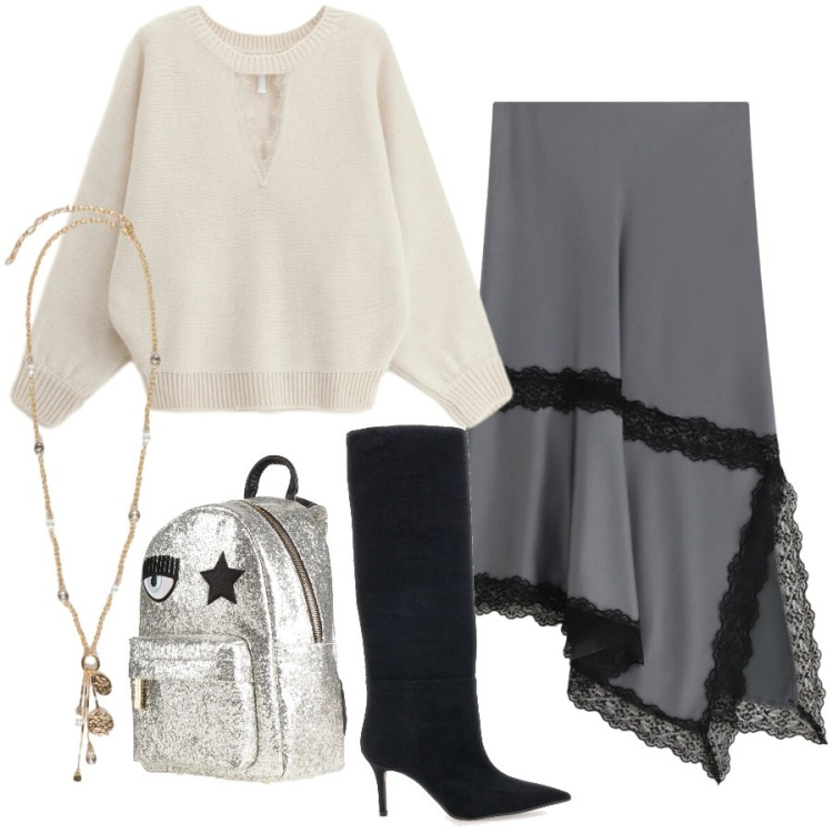 Outfit donna - Total look #2325202. Stile Trendy per Serata fuori. Abbinamento con zaini, gonne lunghe, maglieria, ciondoli, stivali.