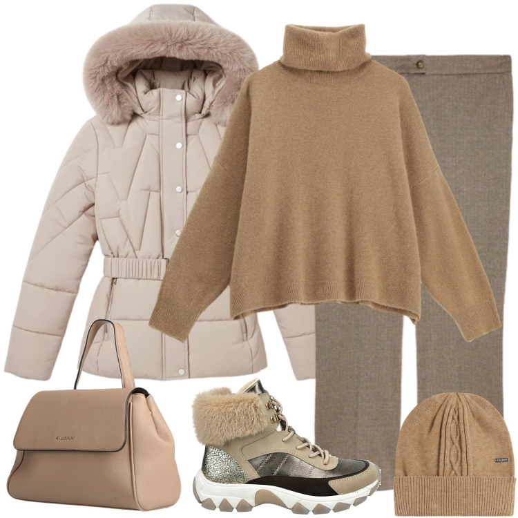 Outfit donna - Nordica e pratica. Stile Casual chic per Tutti i giorni. Abbinamento con zaini, maglieria, berretti, piumini, pantaloni, anfibi.