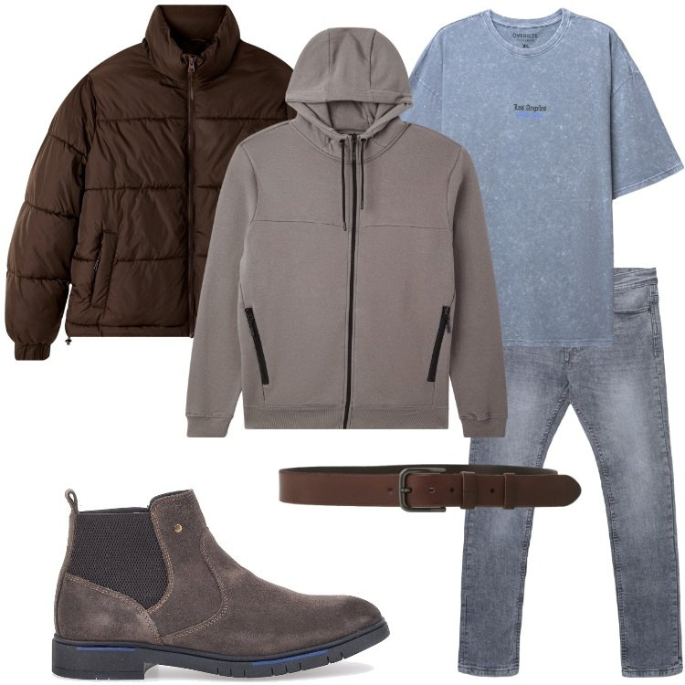 Outfit uomo - Vento freddo. Stile Casual per Tutti i giorni. Abbinamento con felpe con cappuccio, bomber, jeans skinny, t-shirt, cinture, stivali e stivaletti.