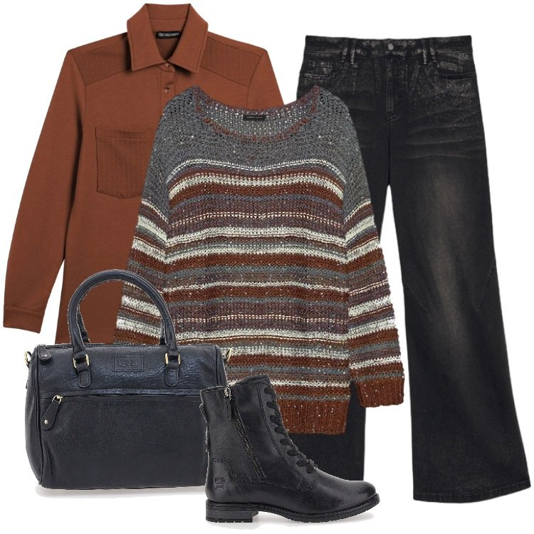 Outfit donna - Total look #2325207. Stile Mannish per Tutti i giorni. Abbinamento con camicie, maglieria, anfibi, jeans, borse a tracolla.