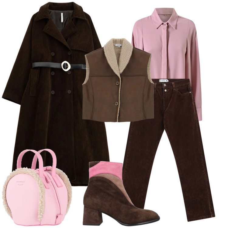 Outfit donna - Layering pink & brown. Stile Casual chic per Ufficio. Abbinamento con zaini, stivaletti, gilet, pantaloni, cappotti, camicie.