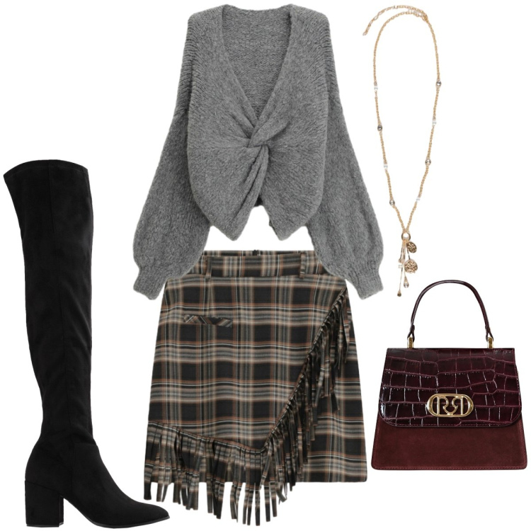 Outfit donna - Caldo e confortevole. Stile Trendy per Serata fuori. Abbinamento con stivali sopra il ginocchio, cardigans, minigonne, borse a mano, ciondoli.