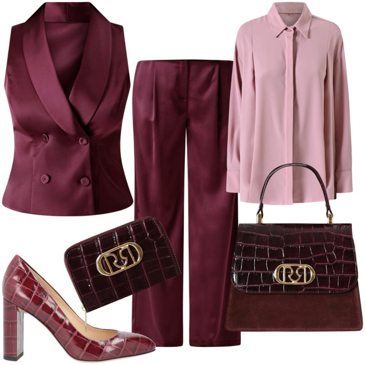 Outfit donna - Donna di classe. Stile Chic per Serata fuori. Abbinamento con décolleté, pantaloni a palazzo, camicie, gilet, portafogli, borse a mano.