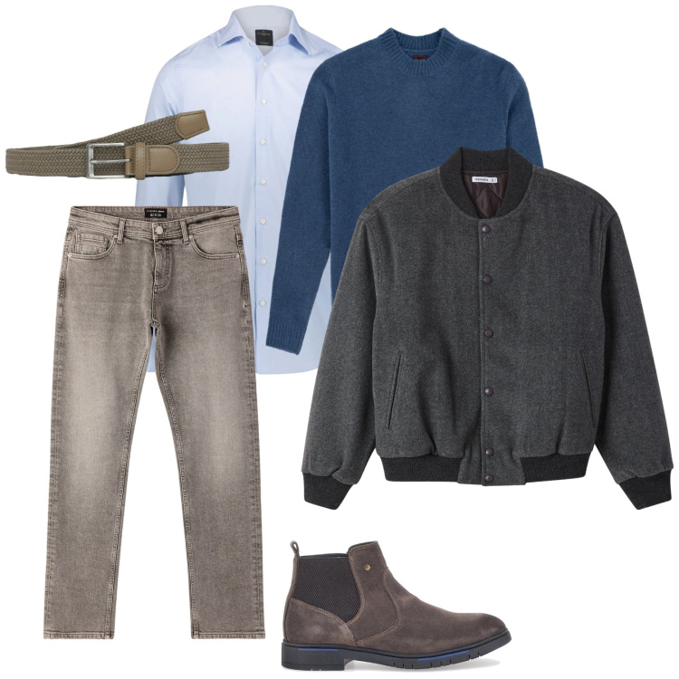 Outfit uomo - Denim scuro. per Serata speciale. Abbinamento con jeans, cinture, bomber, camicie, stivali e stivaletti, maglieria.