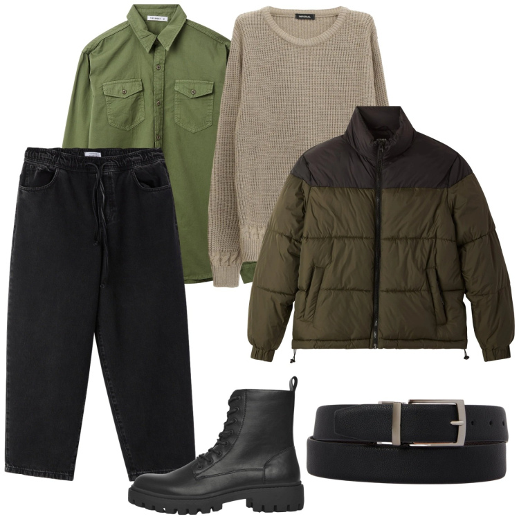 Outfit uomo - A lavoro. per Ufficio. Abbinamento con camicie, anfibi, bomber, jeans dritti, maglieria, cinture.